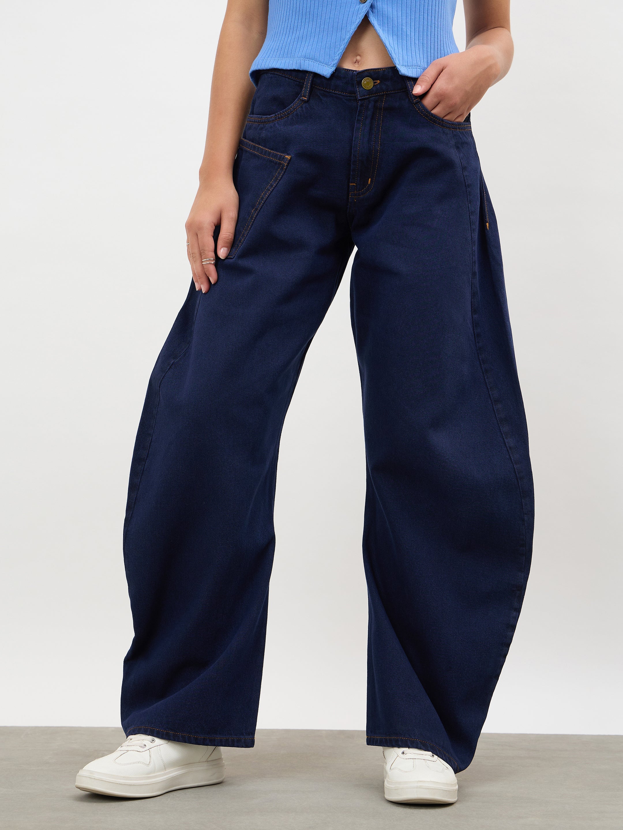 Women Dark Navy Side Seam Balloon Jeans