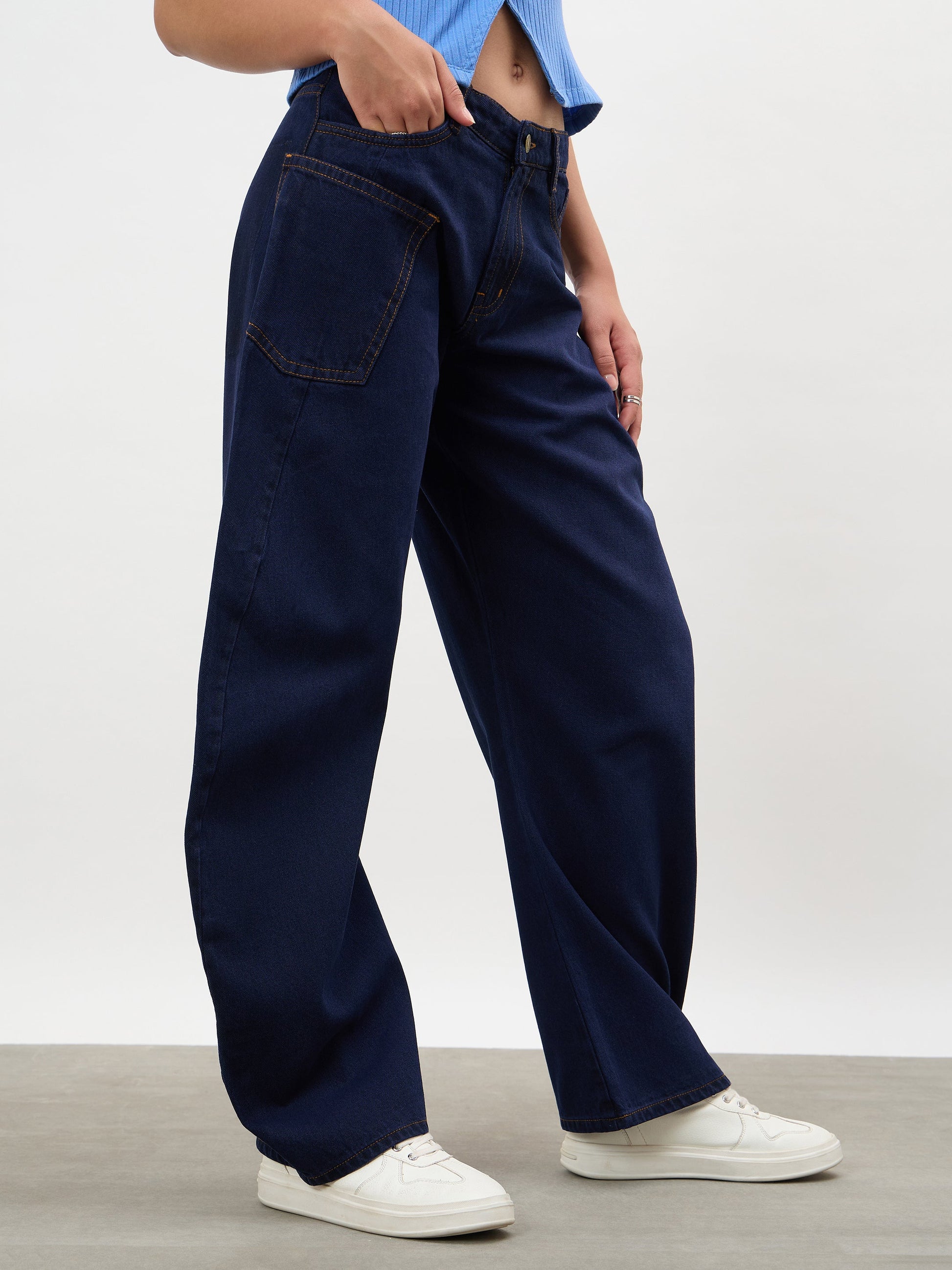 Women Dark Navy Side Seam Balloon Jeans