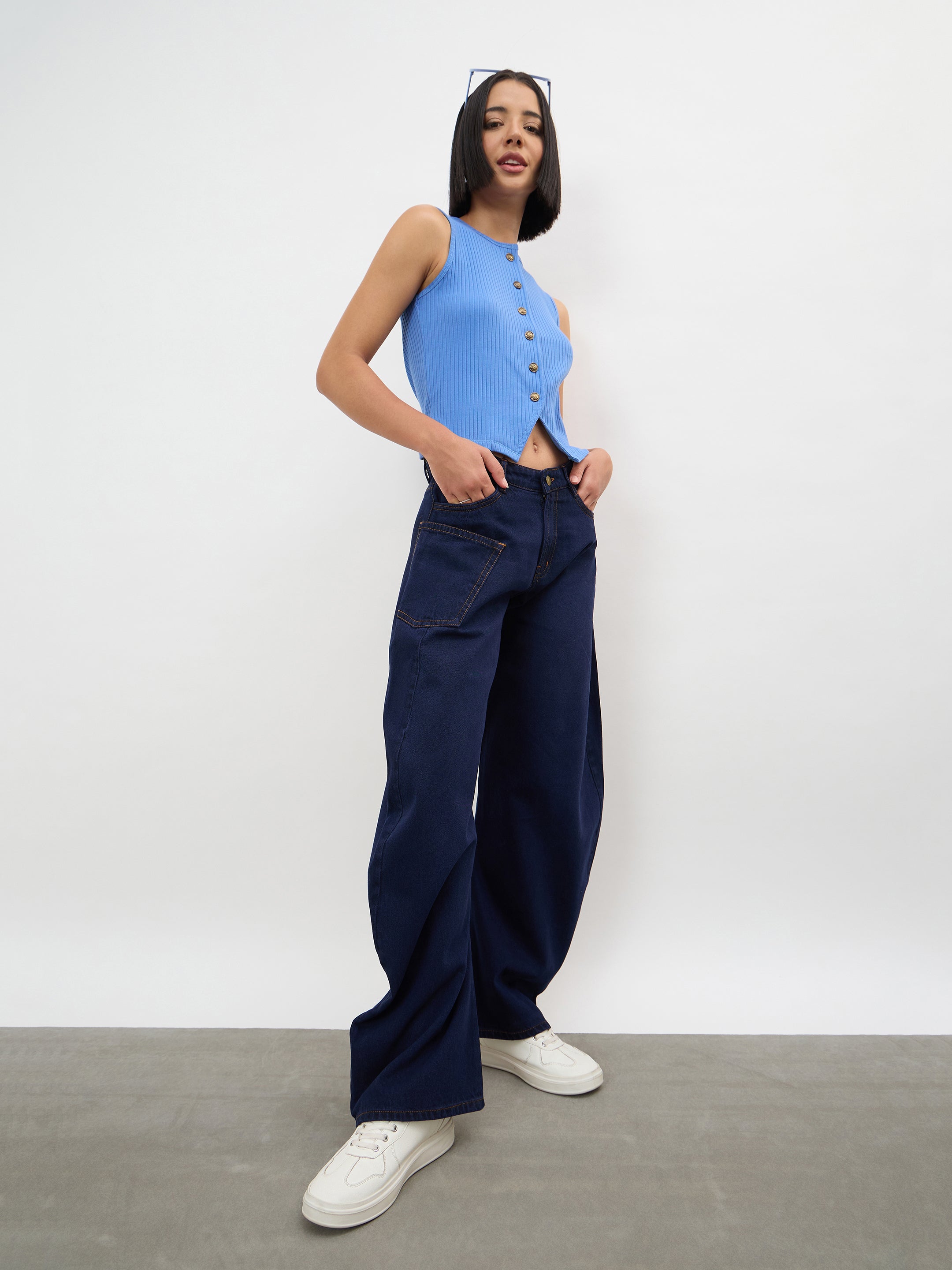 Women Dark Navy Side Seam Balloon Jeans