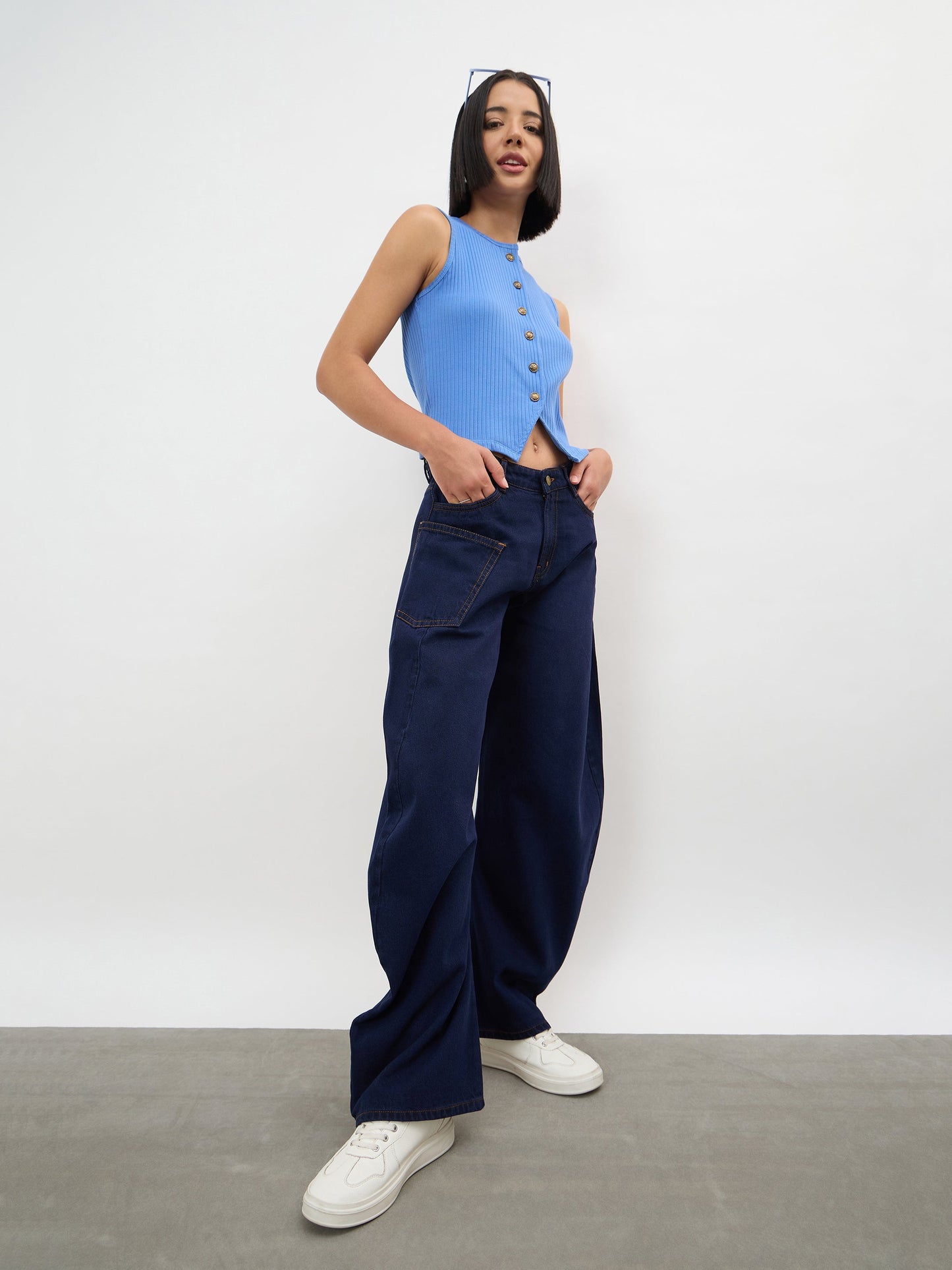 Women Dark Navy Side Seam Balloon Jeans