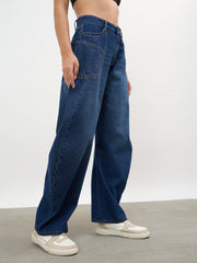 Women Navy Whisker Wash Side Seam Balloon Jeans