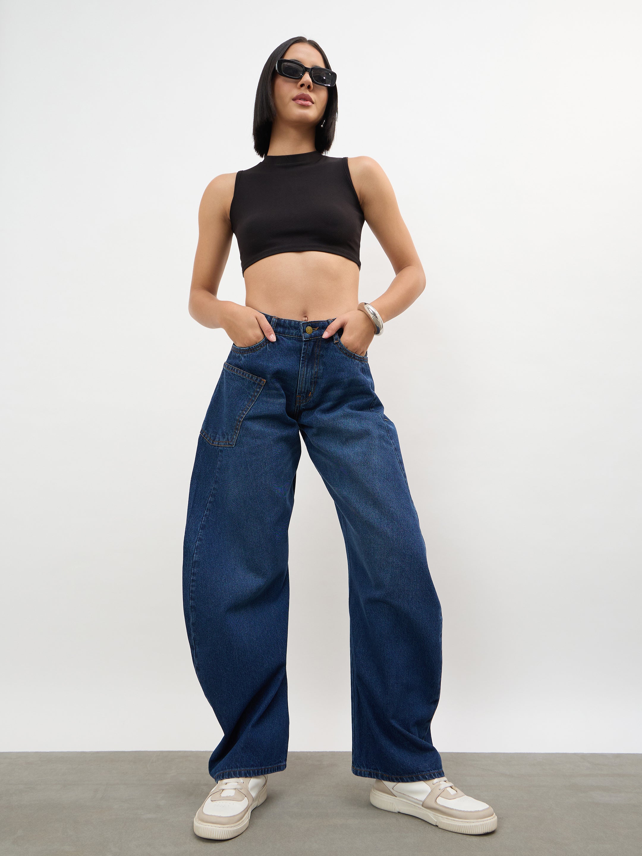 Women Navy Whisker Wash Side Seam Balloon Jeans