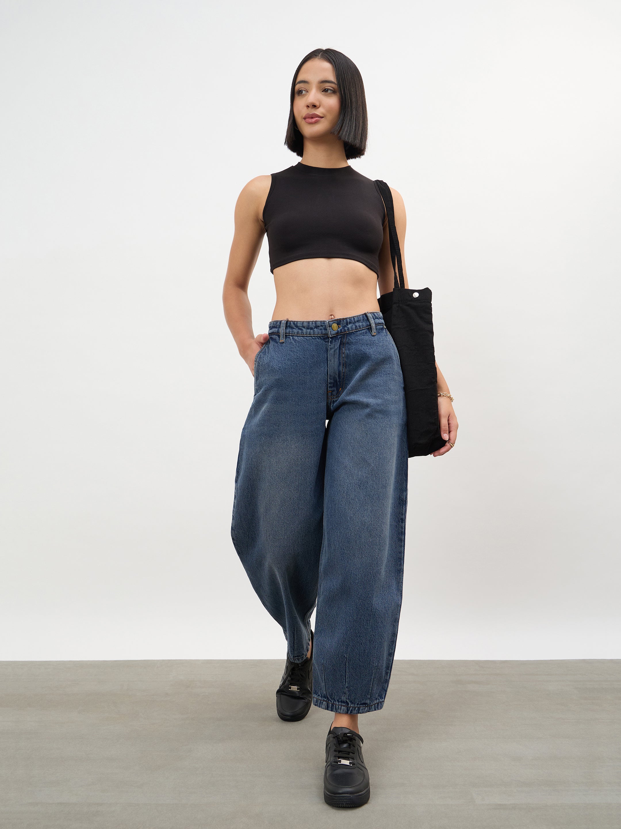 Women Navy Acid Wash Mid Rise Slouchy Fit Jeans