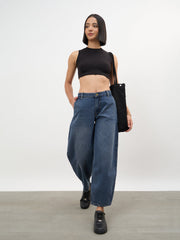 Women Navy Acid Wash Mid Rise Slouchy Fit Jeans