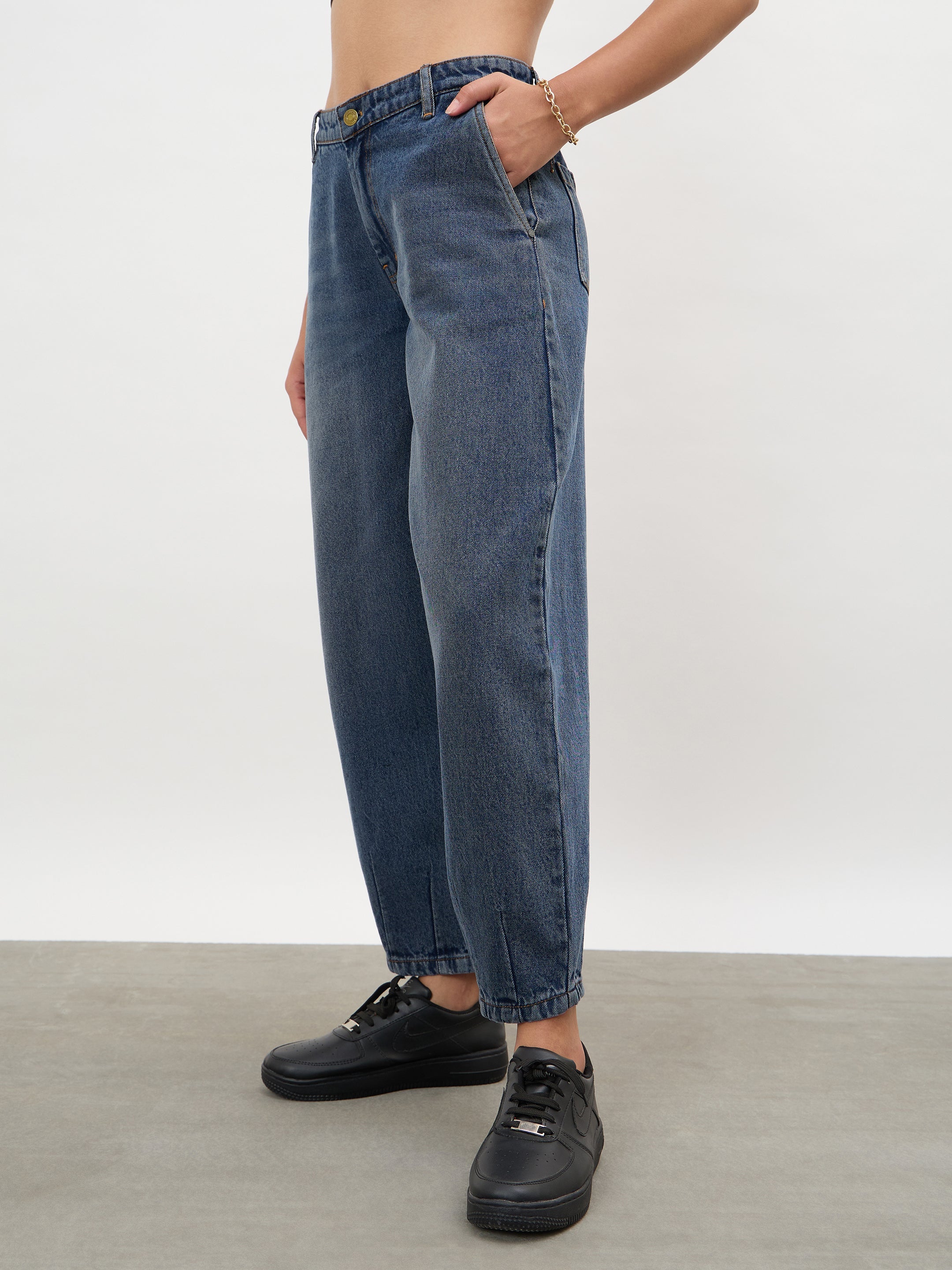 Women Navy Acid Wash Mid Rise Slouchy Fit Jeans