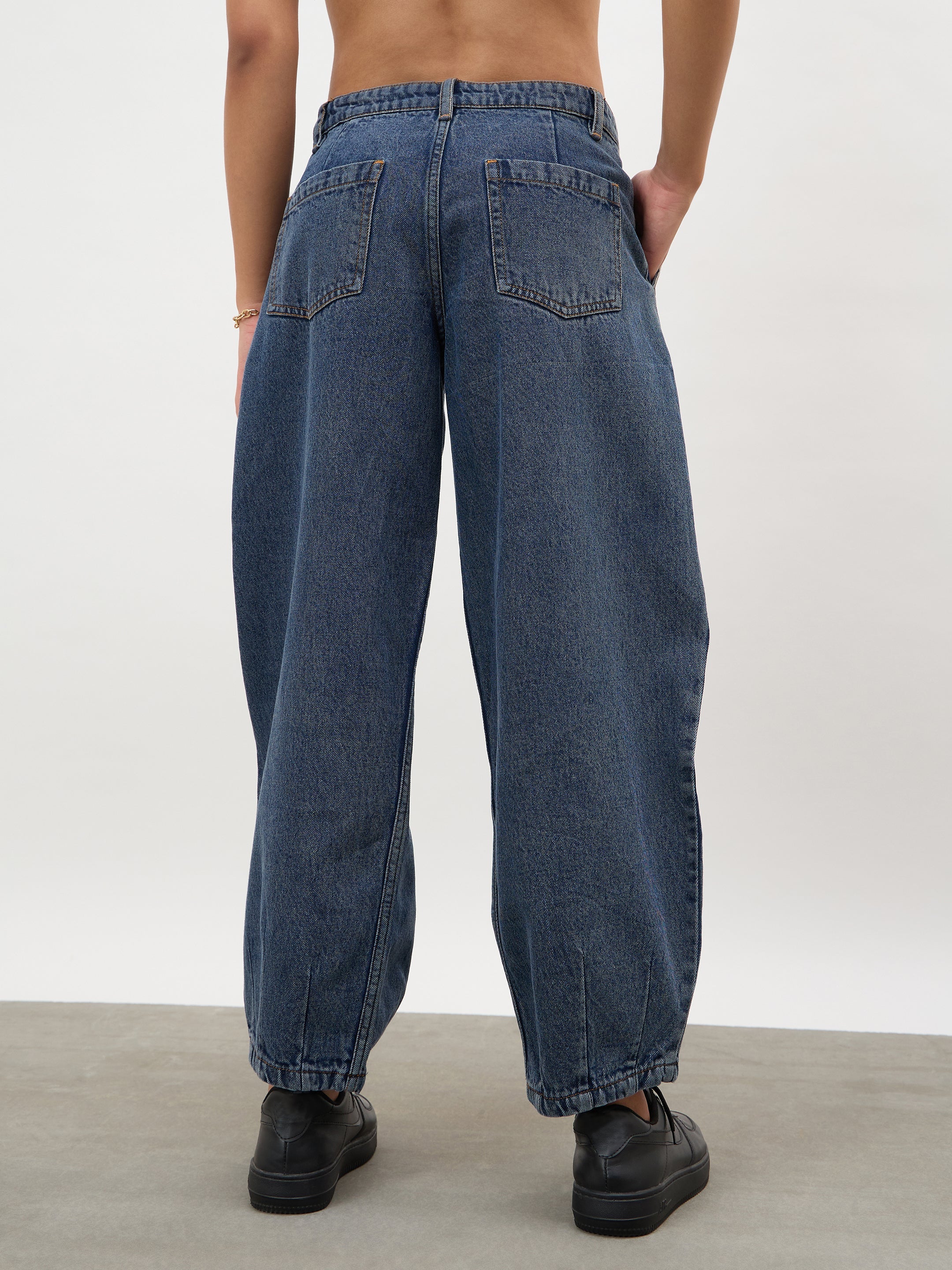 Women Navy Acid Wash Mid Rise Slouchy Fit Jeans