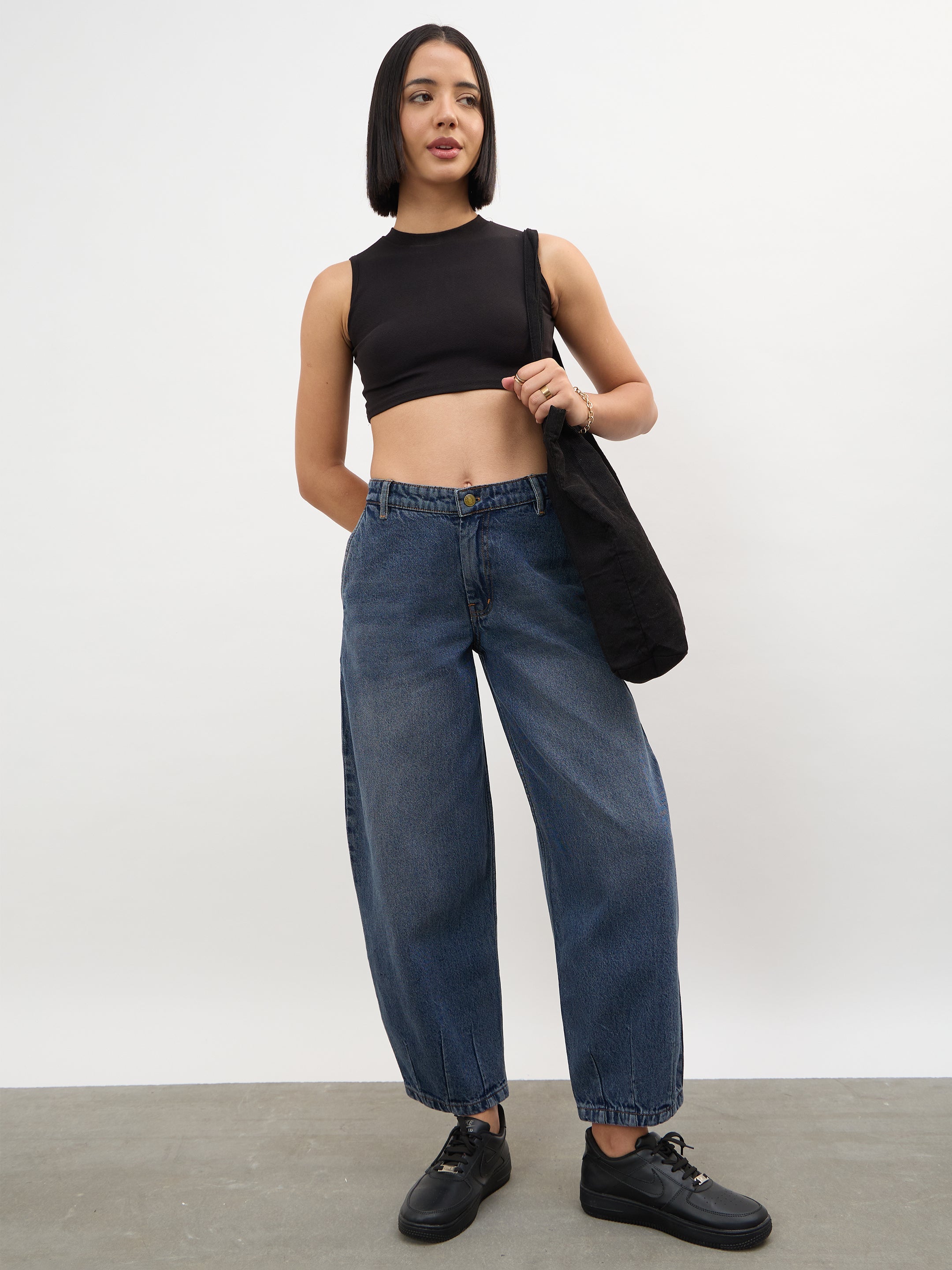 Women Navy Acid Wash Mid Rise Slouchy Fit Jeans