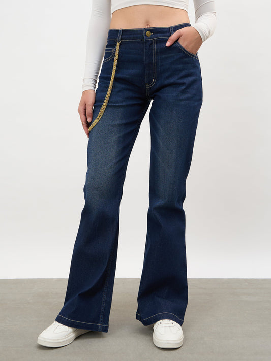 Women Navy Whisker Washed Boot Cut Jeans