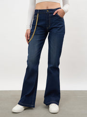 Women Navy Whisker Washed Boot Cut Jeans