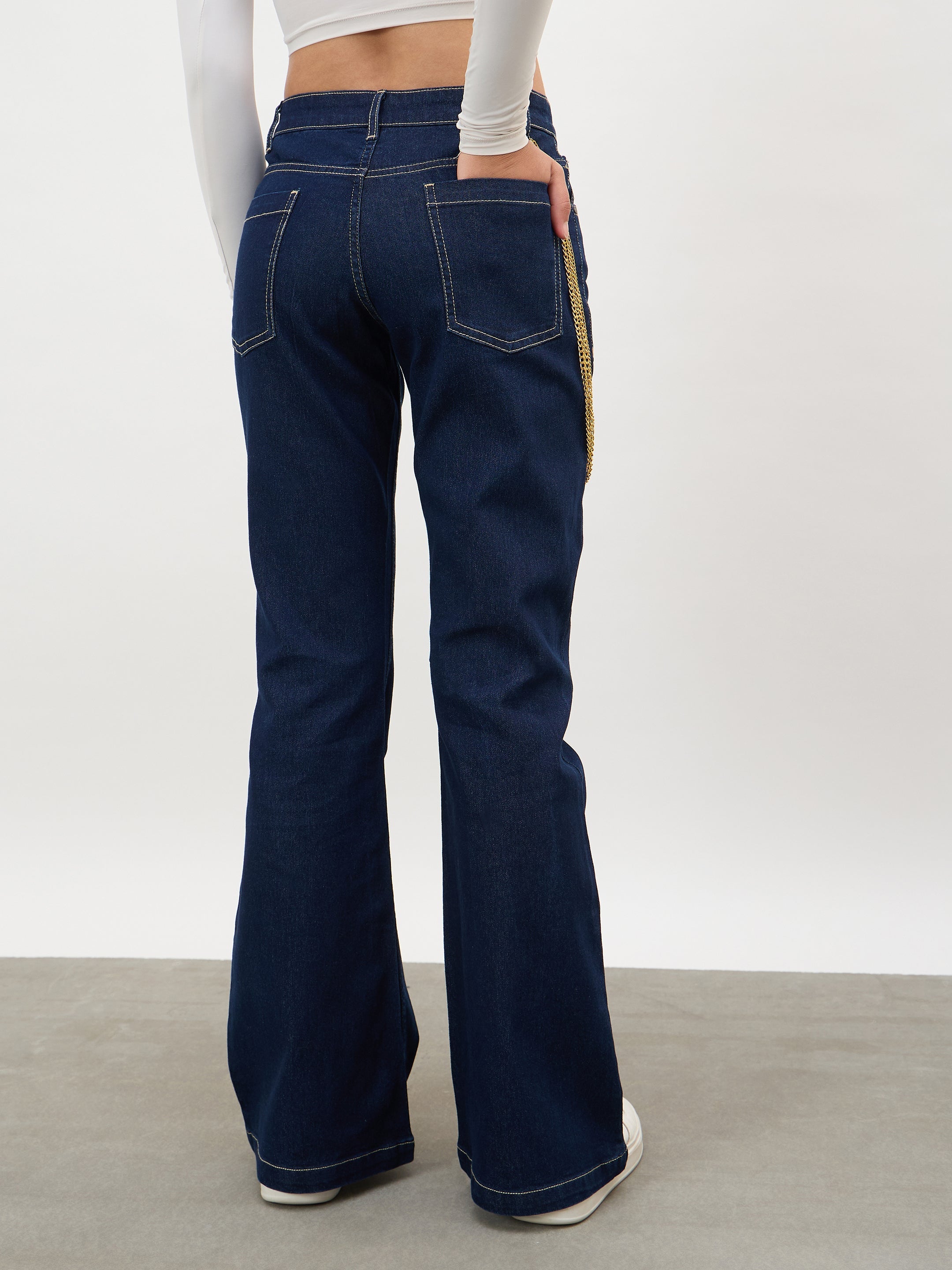 Women Navy Whisker Washed Boot Cut Jeans