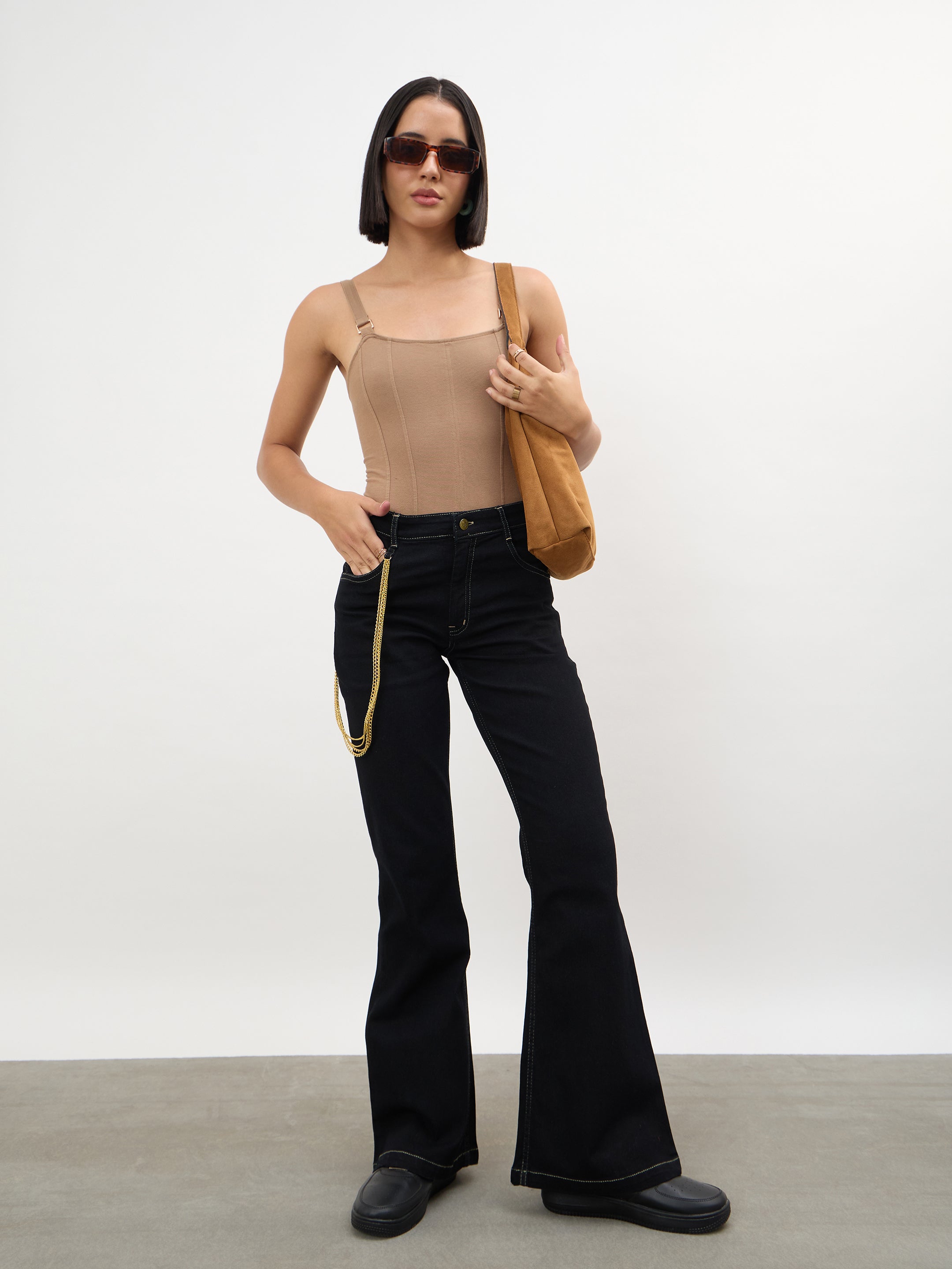 Women Black Whisker Washed Boot Cut Jeans