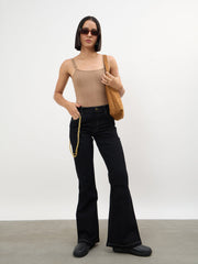 Women Black Whisker Washed Boot Cut Jeans