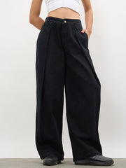 Women Jet Black Overlap Pleated Mid Rise Jeans
