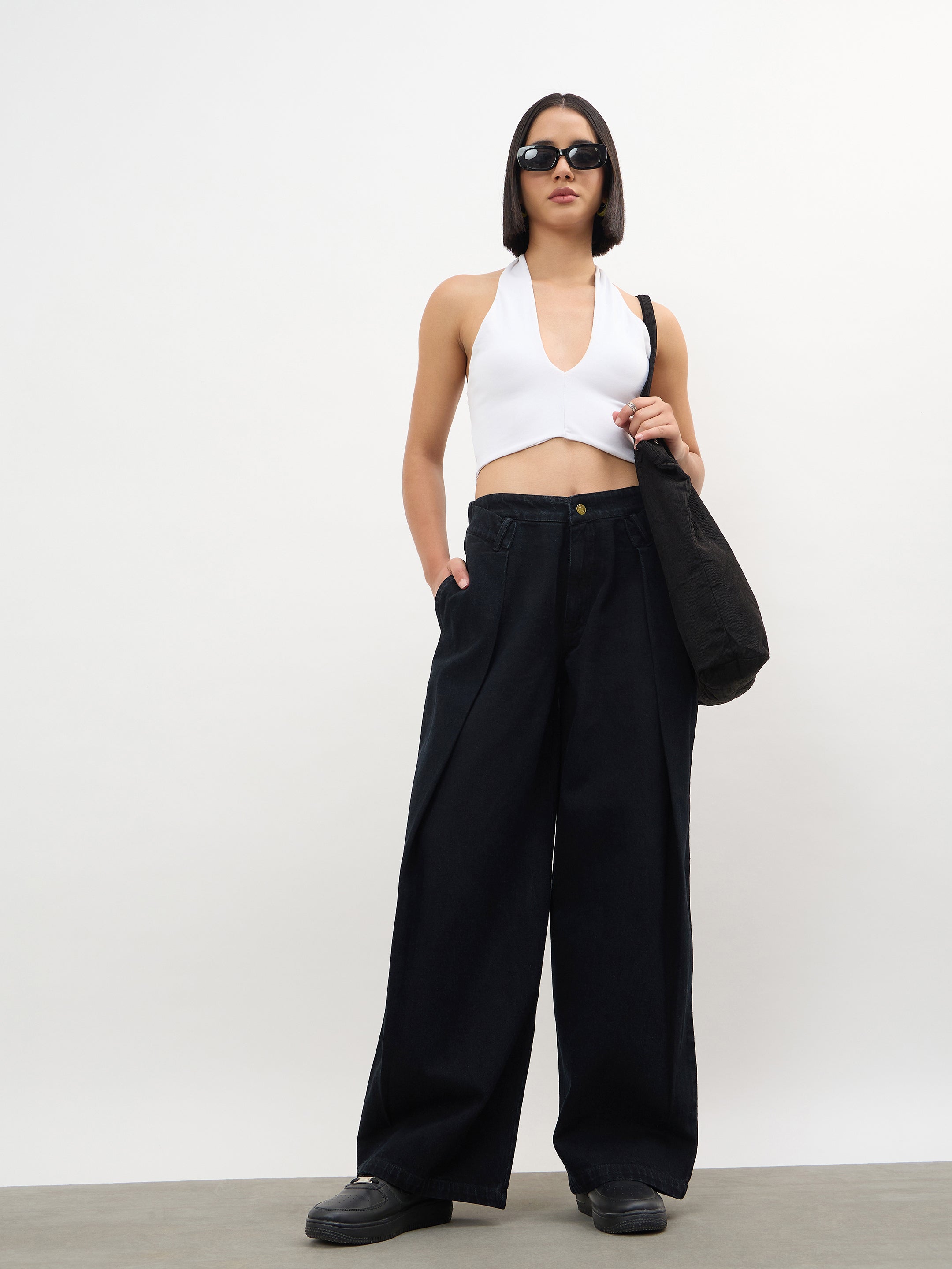 Women Jet Black Overlap Pleated Mid Rise Jeans