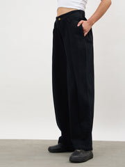Women Jet Black Overlap Pleated Mid Rise Jeans