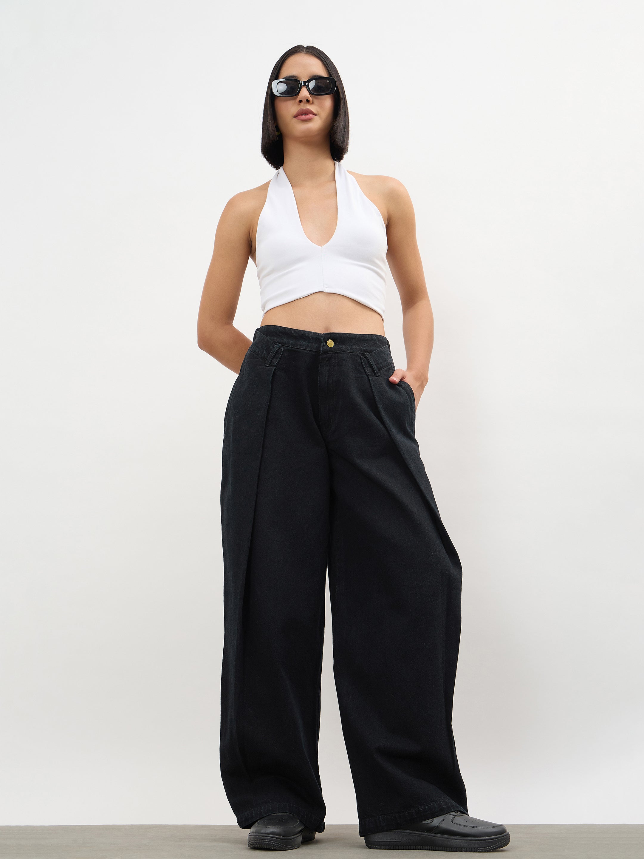 Women Jet Black Overlap Pleated Mid Rise Jeans