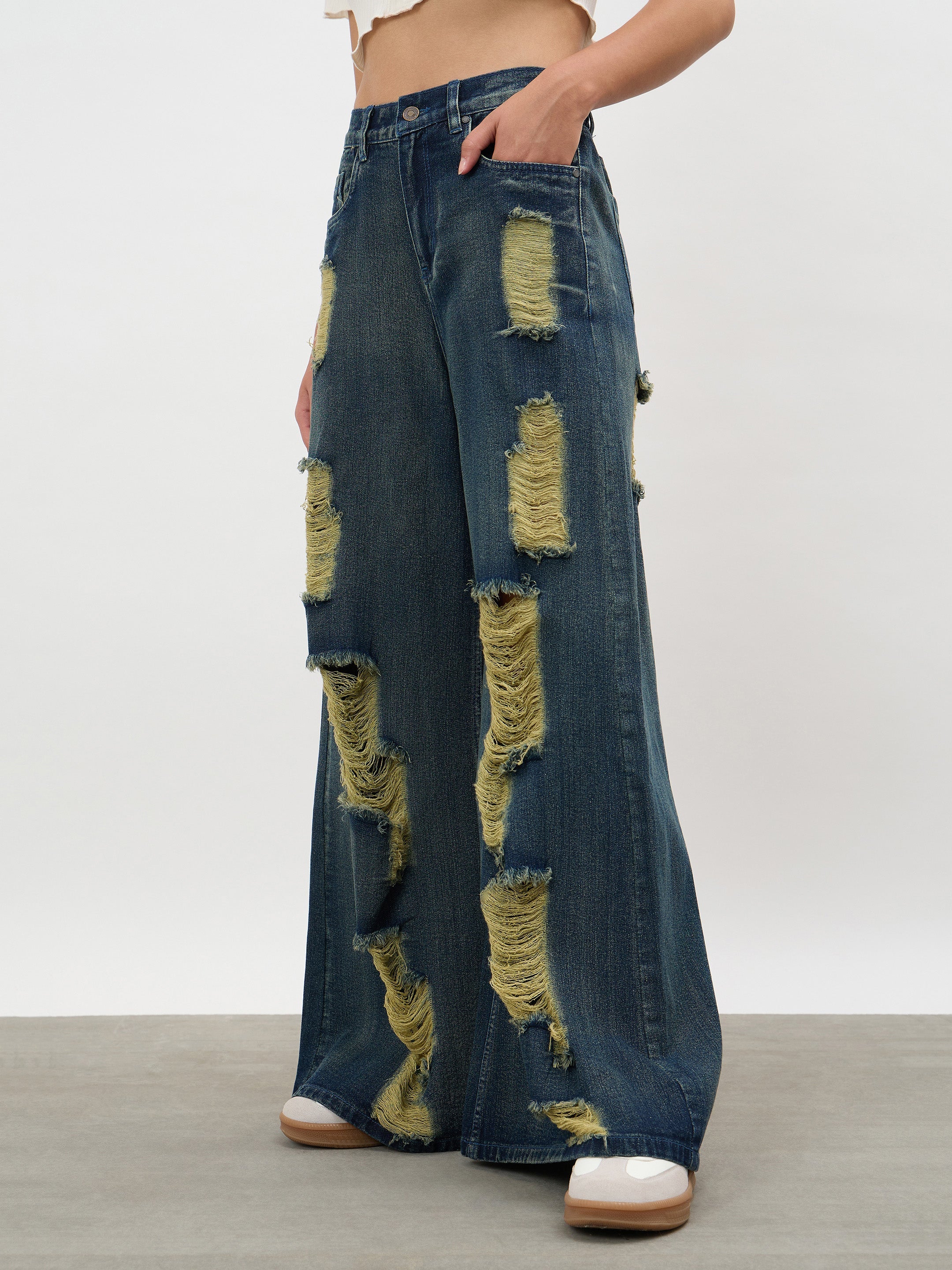 Women Navy Acid Wash Denim Flared Distressed Jeans