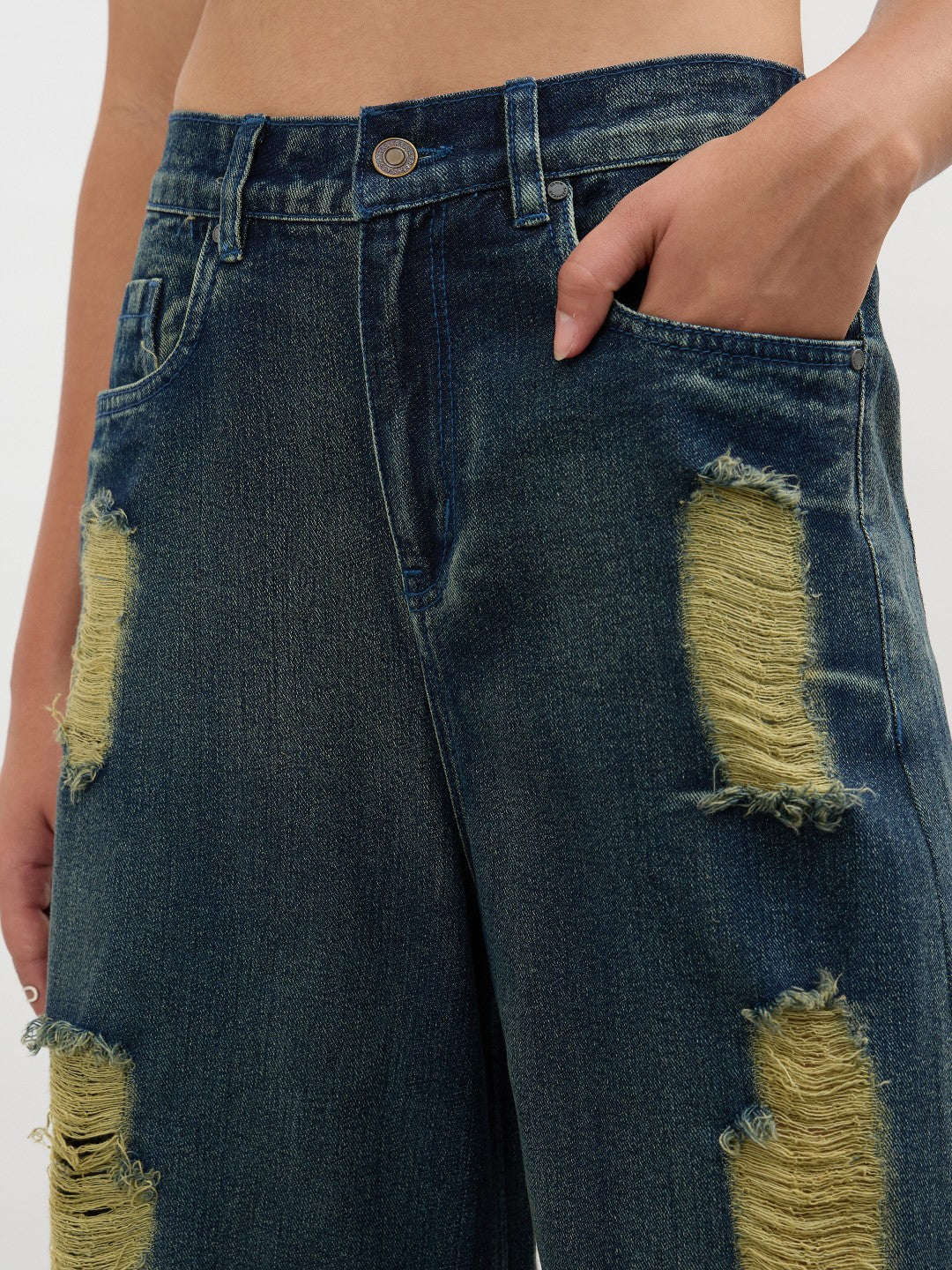 Women Navy Acid Wash Denim Flared Distressed Jeans