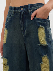 Women Navy Acid Wash Denim Flared Distressed Jeans