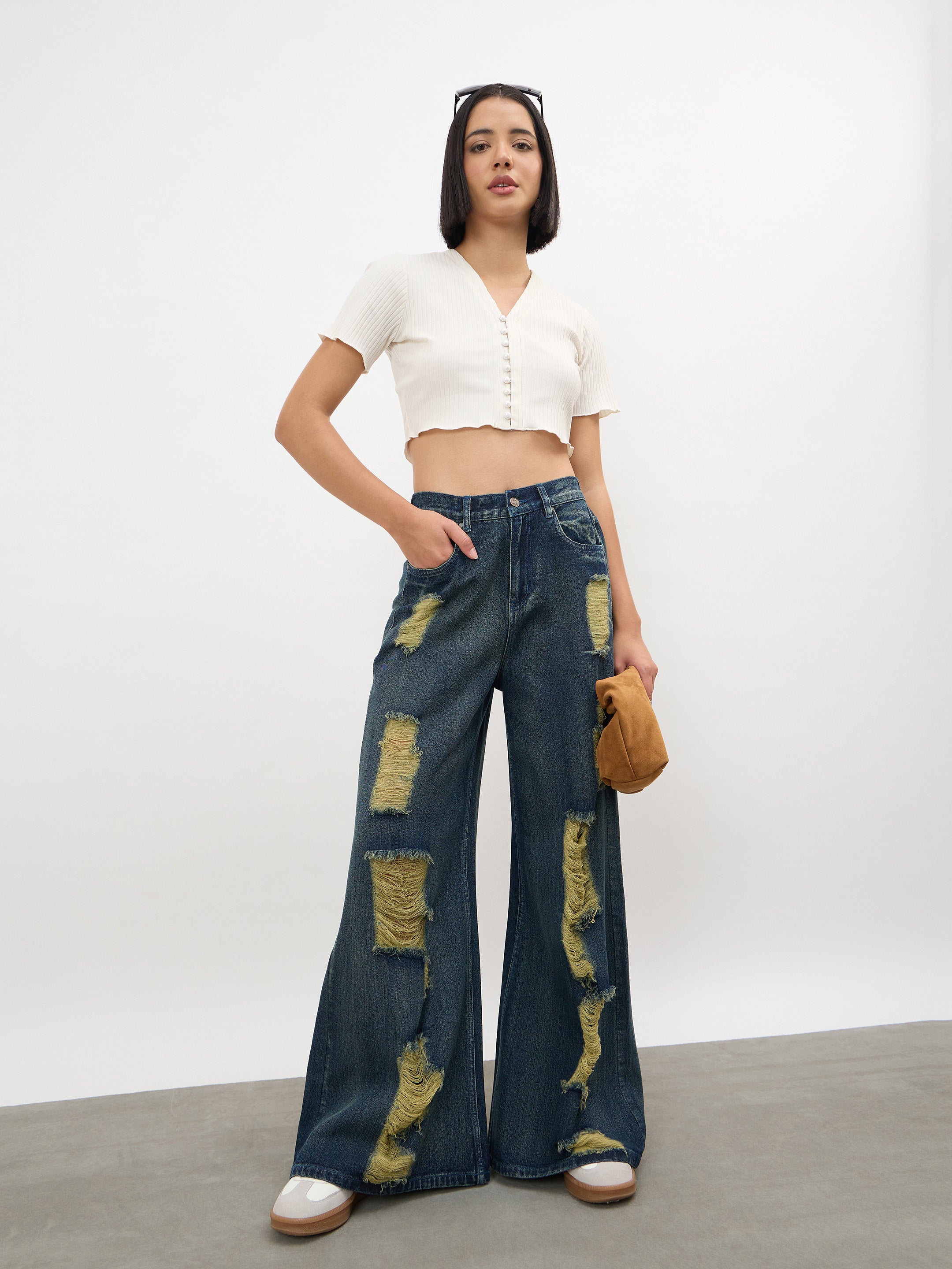 Women Navy Acid Wash Denim Flared Distressed Jeans