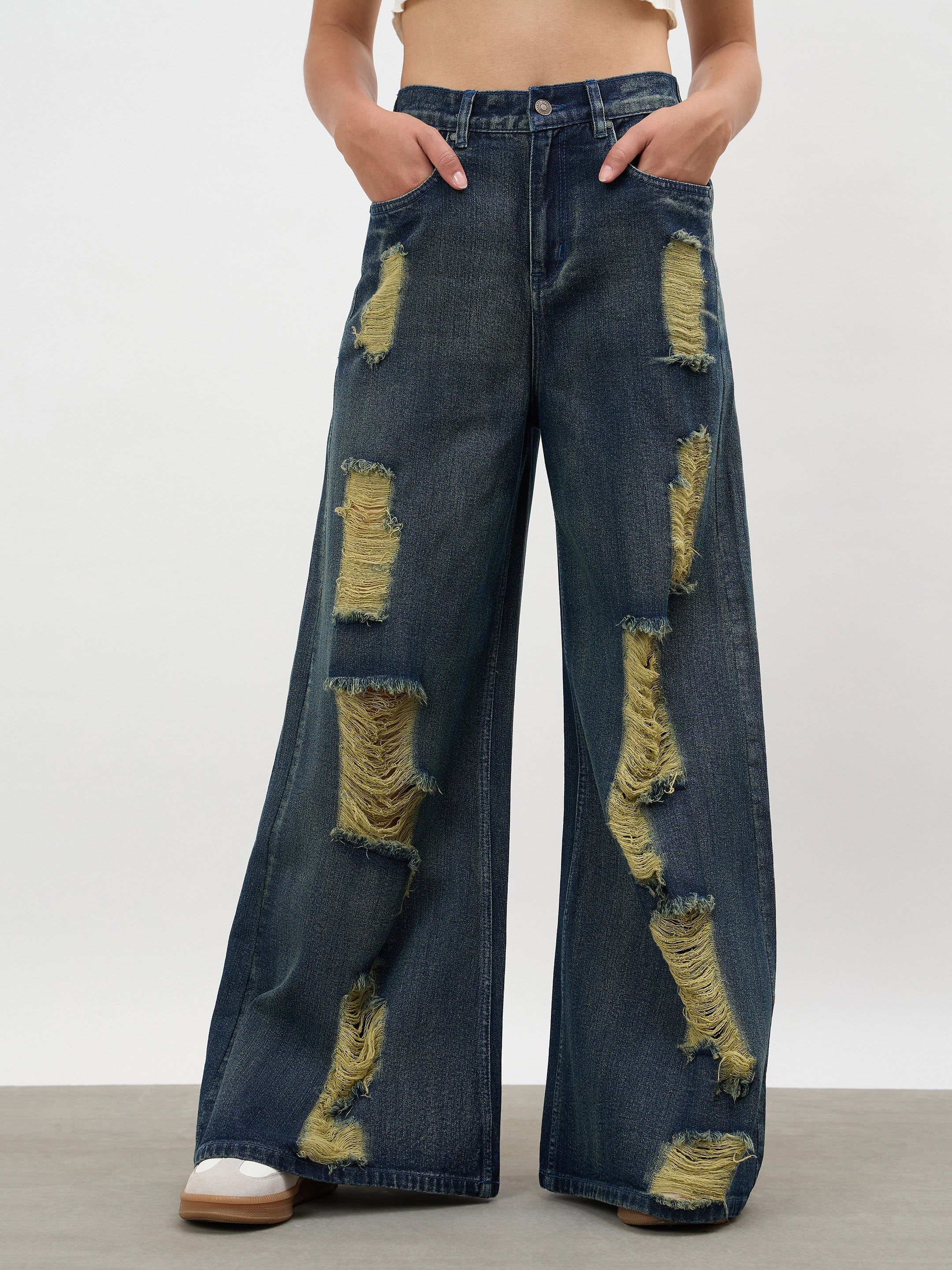 Women Navy Acid Wash Denim Flared Distressed Jeans