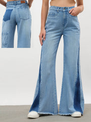 Women Blue Blast Side Colour Blocking Flared Jeans