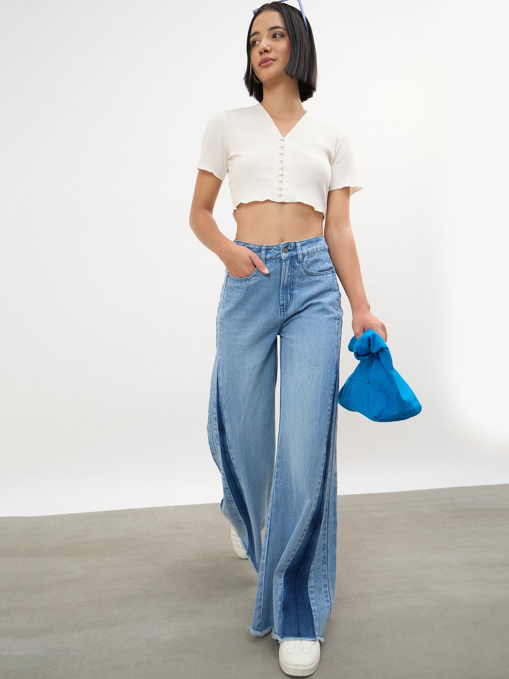 Women Blue Blast Side Colour Blocking Flared Jeans