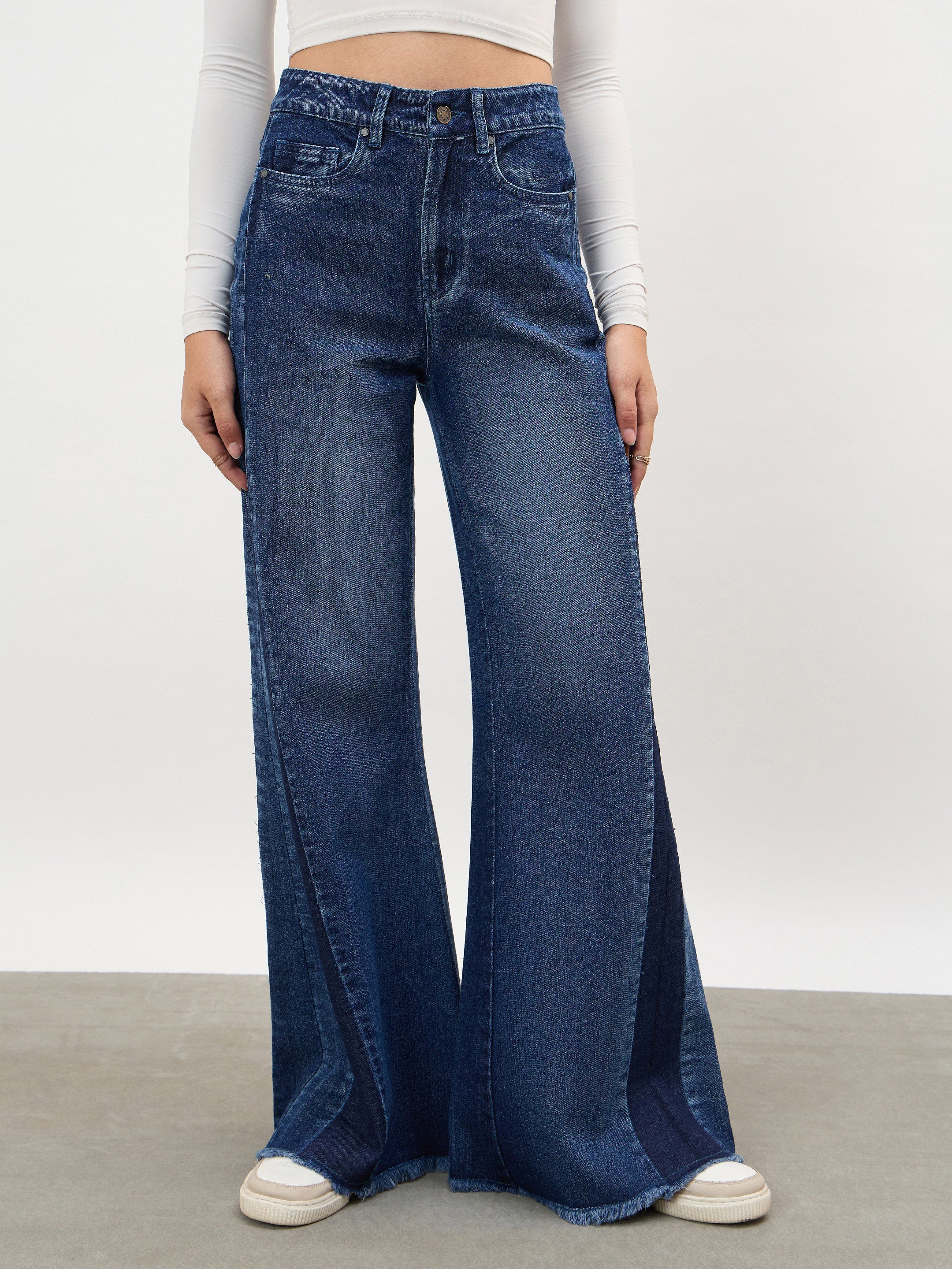 Women Navy Side Colour Blocking Flared Jeans