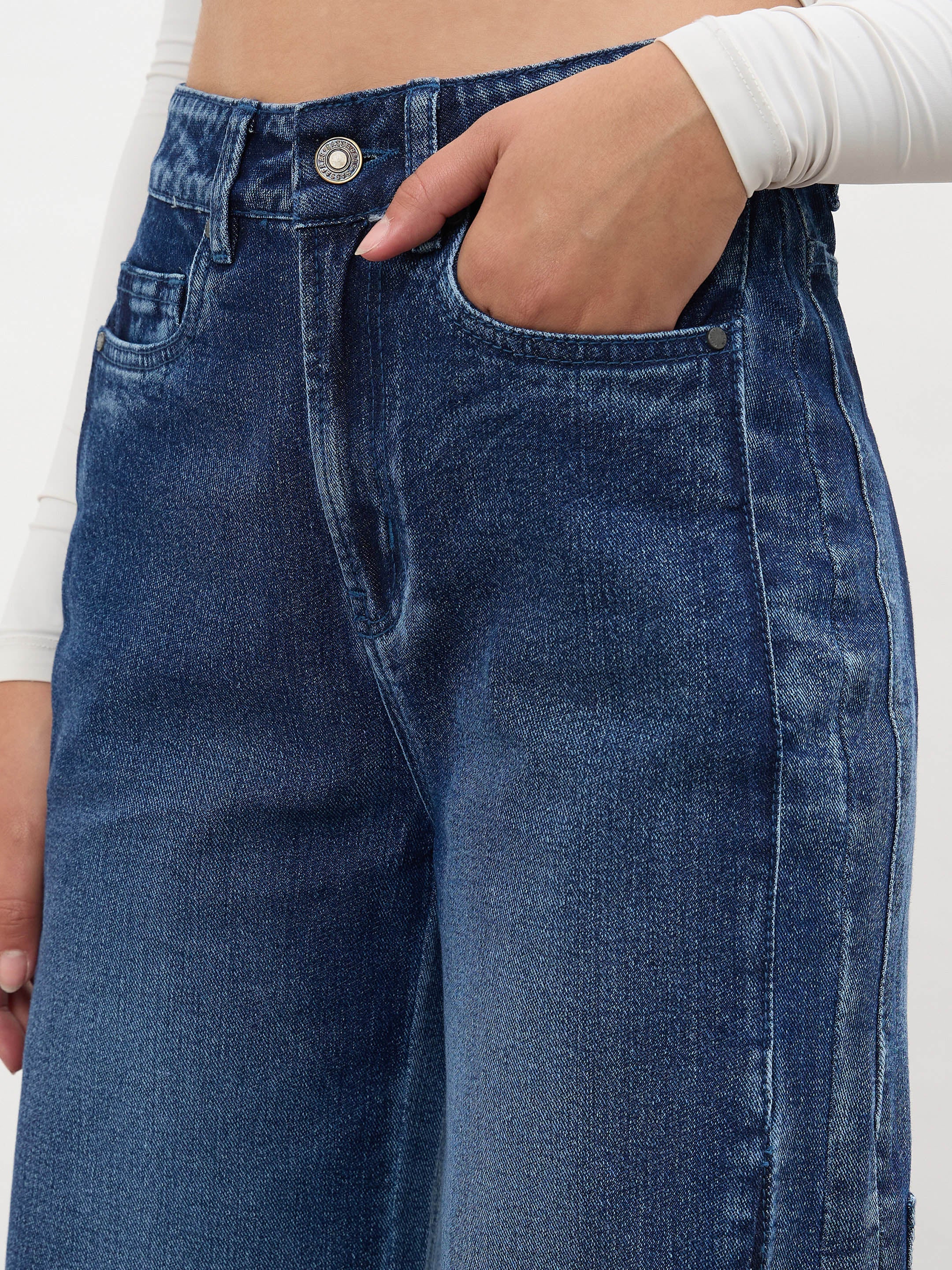 Women Navy Side Colour Blocking Flared Jeans