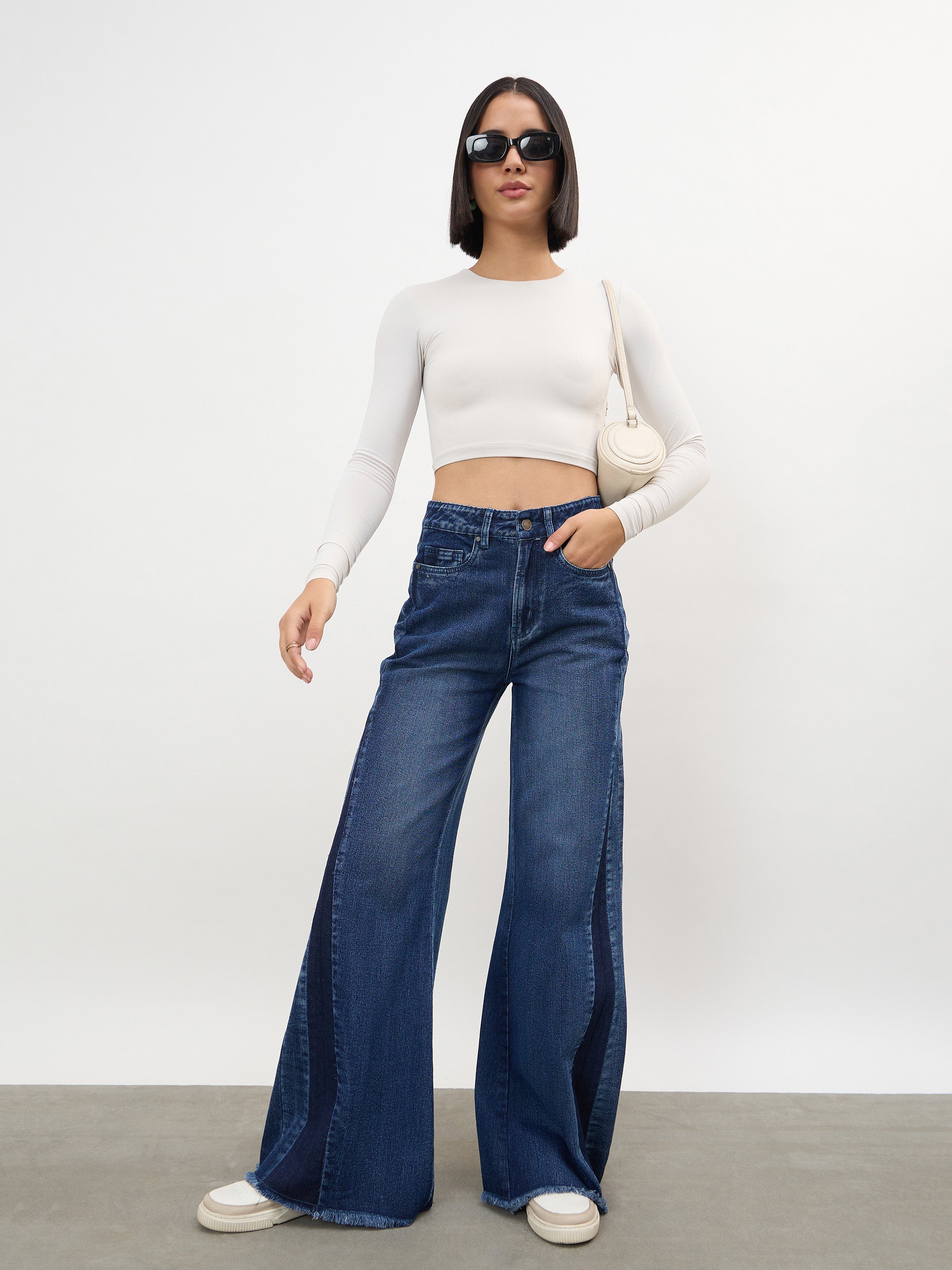 Women Navy Side Colour Blocking Flared Jeans
