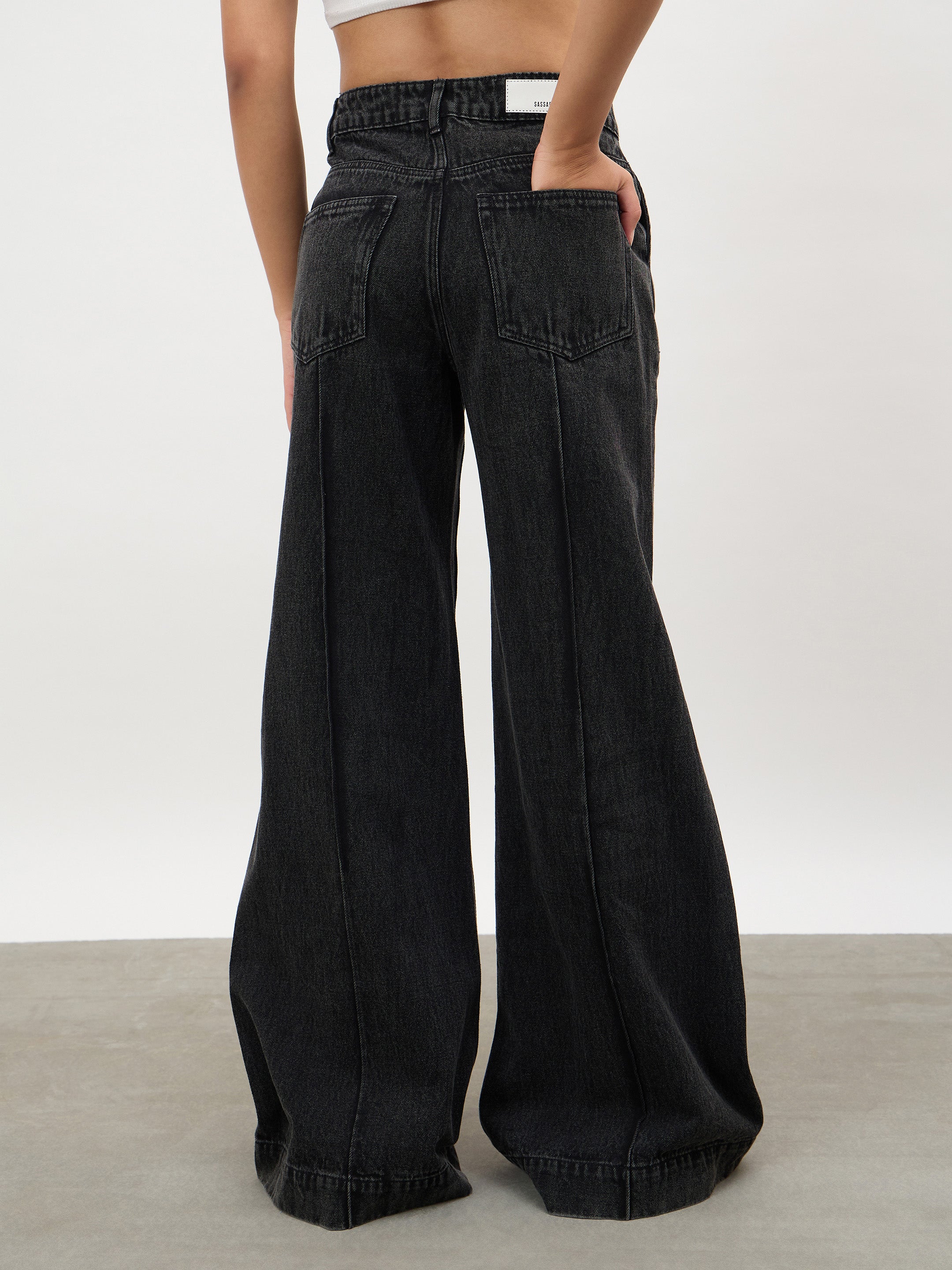 Women Black Wash Front Seam Bell Bottom Jeans