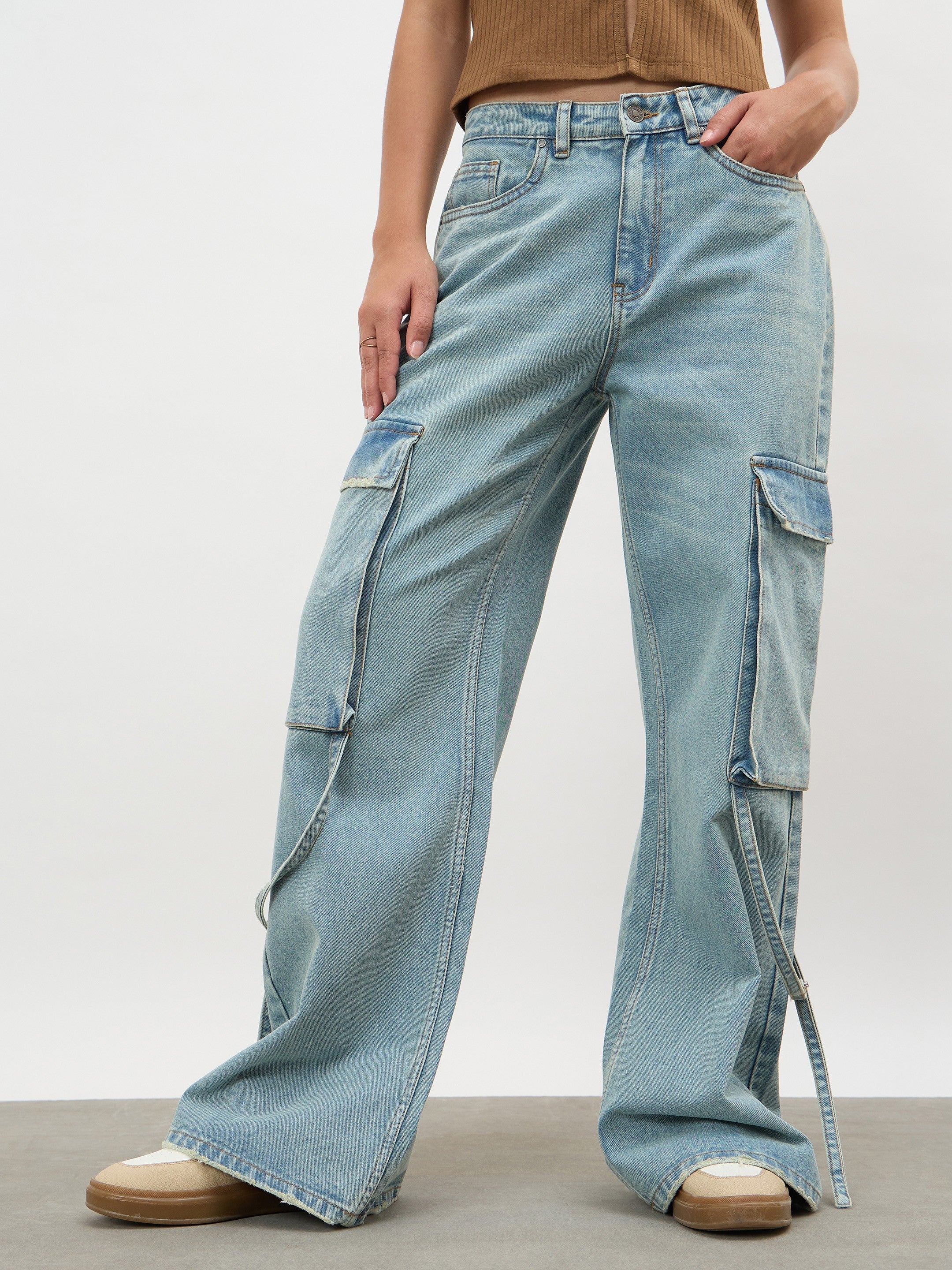 Women Ice Blue Loop Detail Cargo Jeans