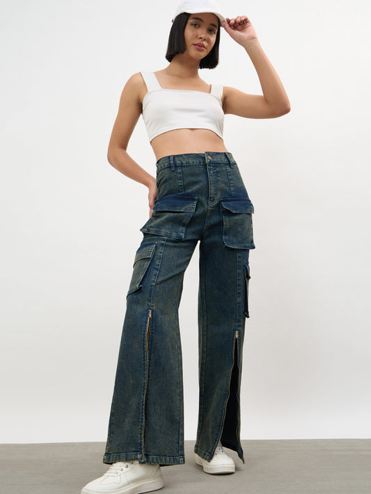 Women Navy Acid Wash Hem Zipper Cargo Straight Jeans