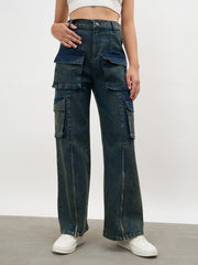 Women Navy Acid Wash Hem Zipper Cargo Straight Jeans