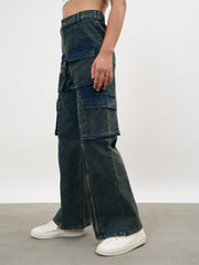 Women Navy Acid Wash Hem Zipper Cargo Straight Jeans