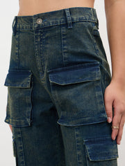 Women Navy Acid Wash Hem Zipper Cargo Straight Jeans