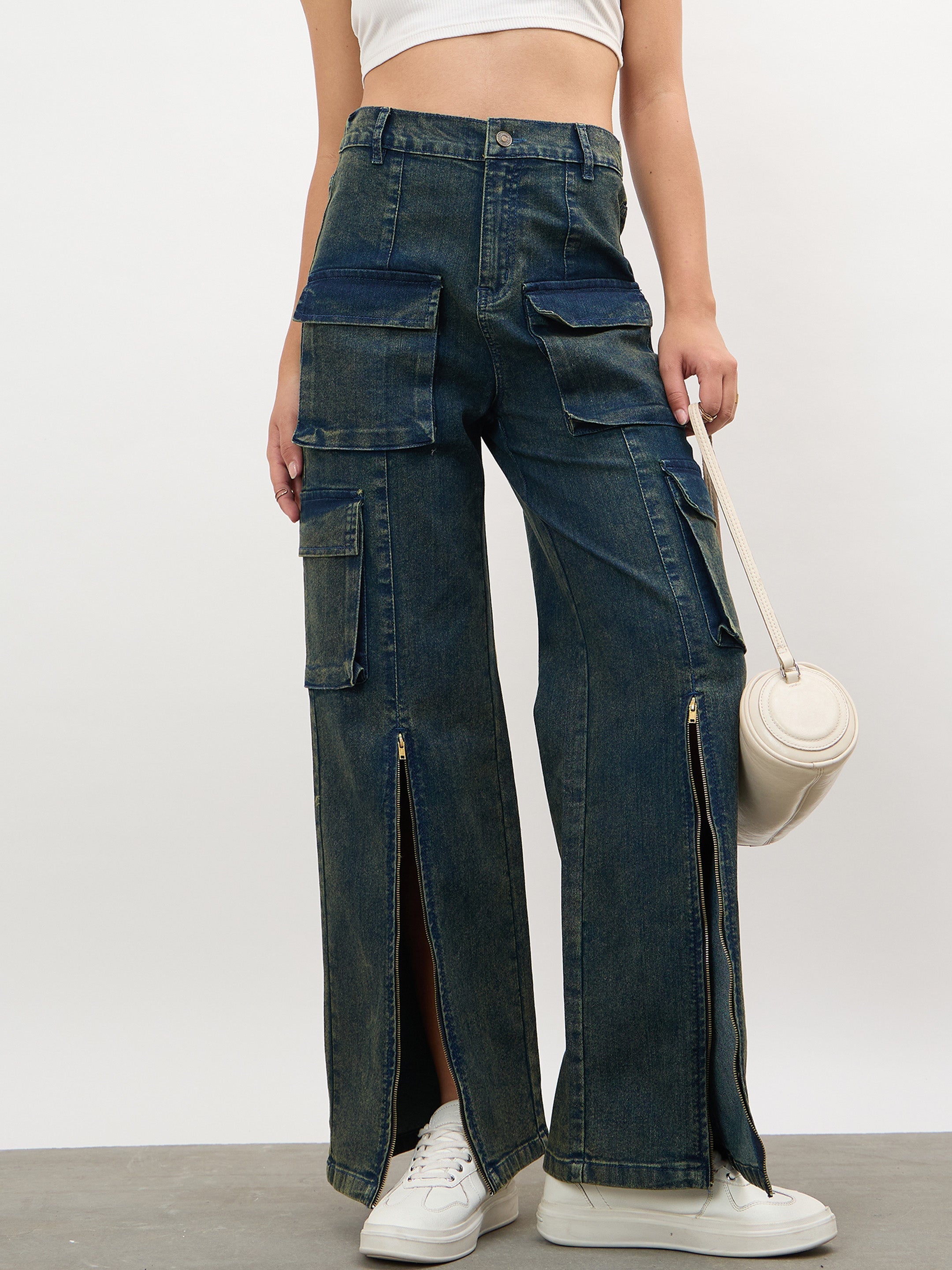 Women Navy Acid Wash Hem Zipper Cargo Straight Jeans