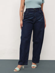 Women Navy Whisker Denim Side Seam Tapered Fit Jeans