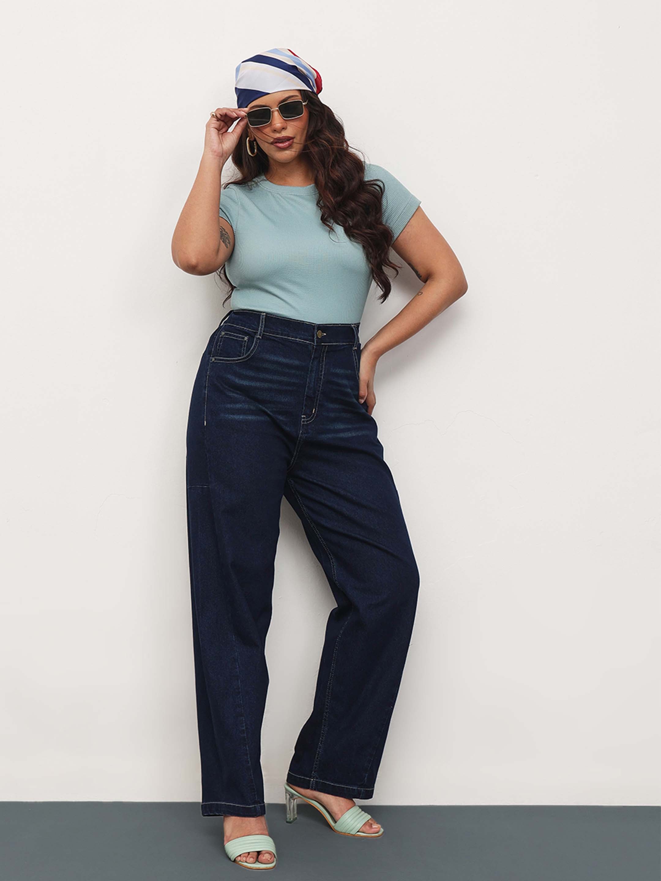 Women Navy Whisker Denim Side Seam Tapered Fit Jeans