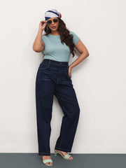 Women Navy Whisker Denim Side Seam Tapered Fit Jeans