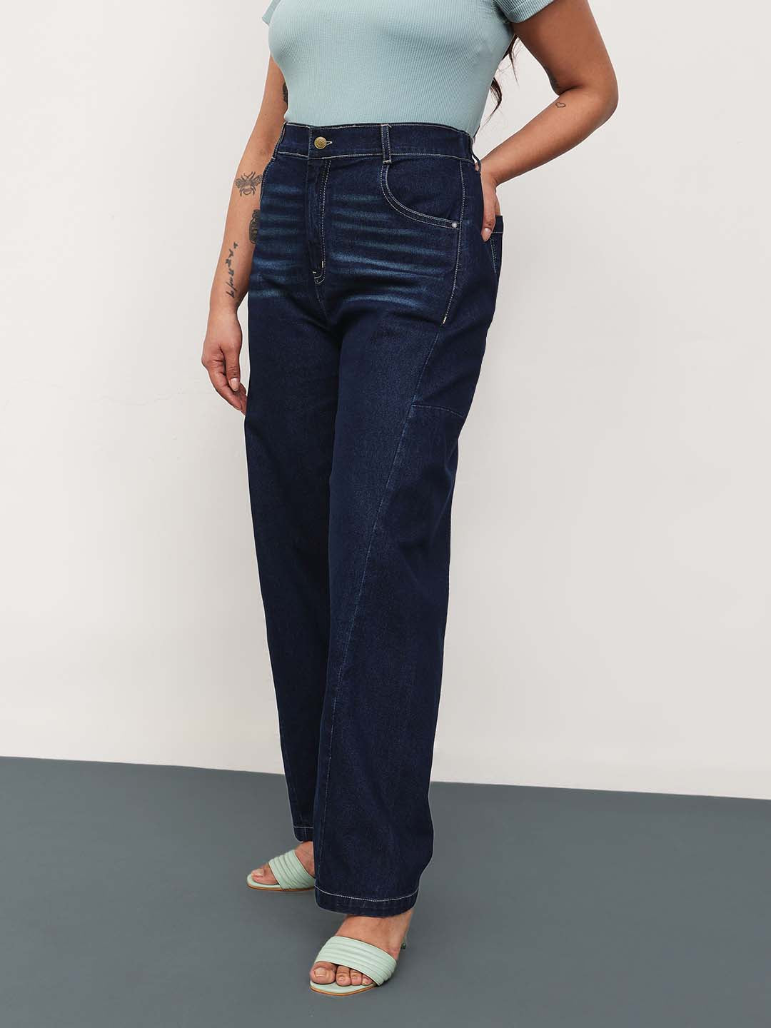 Women Navy Whisker Denim Side Seam Tapered Fit Jeans