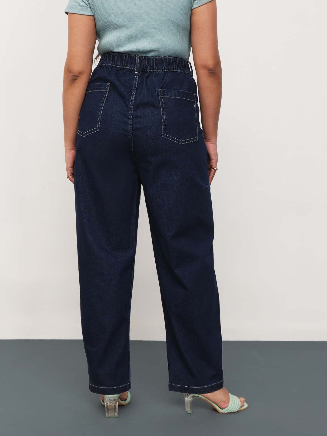 Women Navy Whisker Denim Side Seam Tapered Fit Jeans