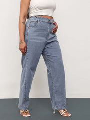 Women Blue Whisker Denim Side Seam Tapered Fit Jeans