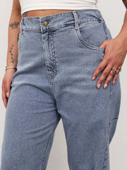 Women Blue Whisker Denim Side Seam Tapered Fit Jeans