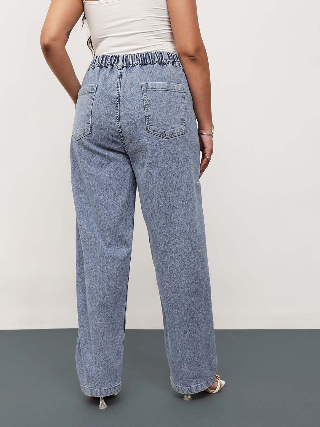 Women Blue Whisker Denim Side Seam Tapered Fit Jeans