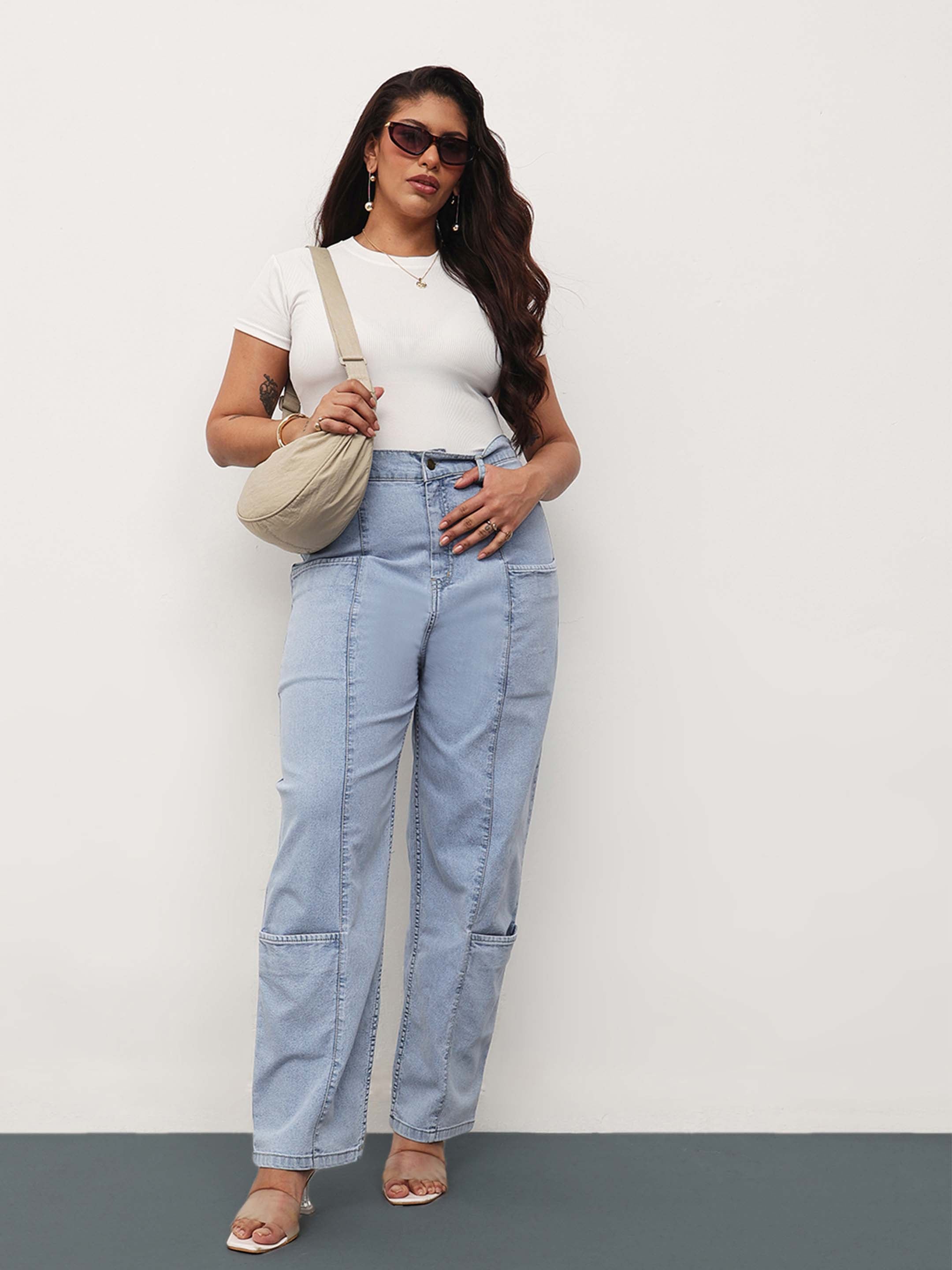 Women Ice Blue Denim Hem Pocket Tapered Fit Jeans