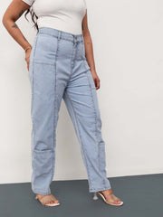 Women Ice Blue Denim Hem Pocket Tapered Fit Jeans