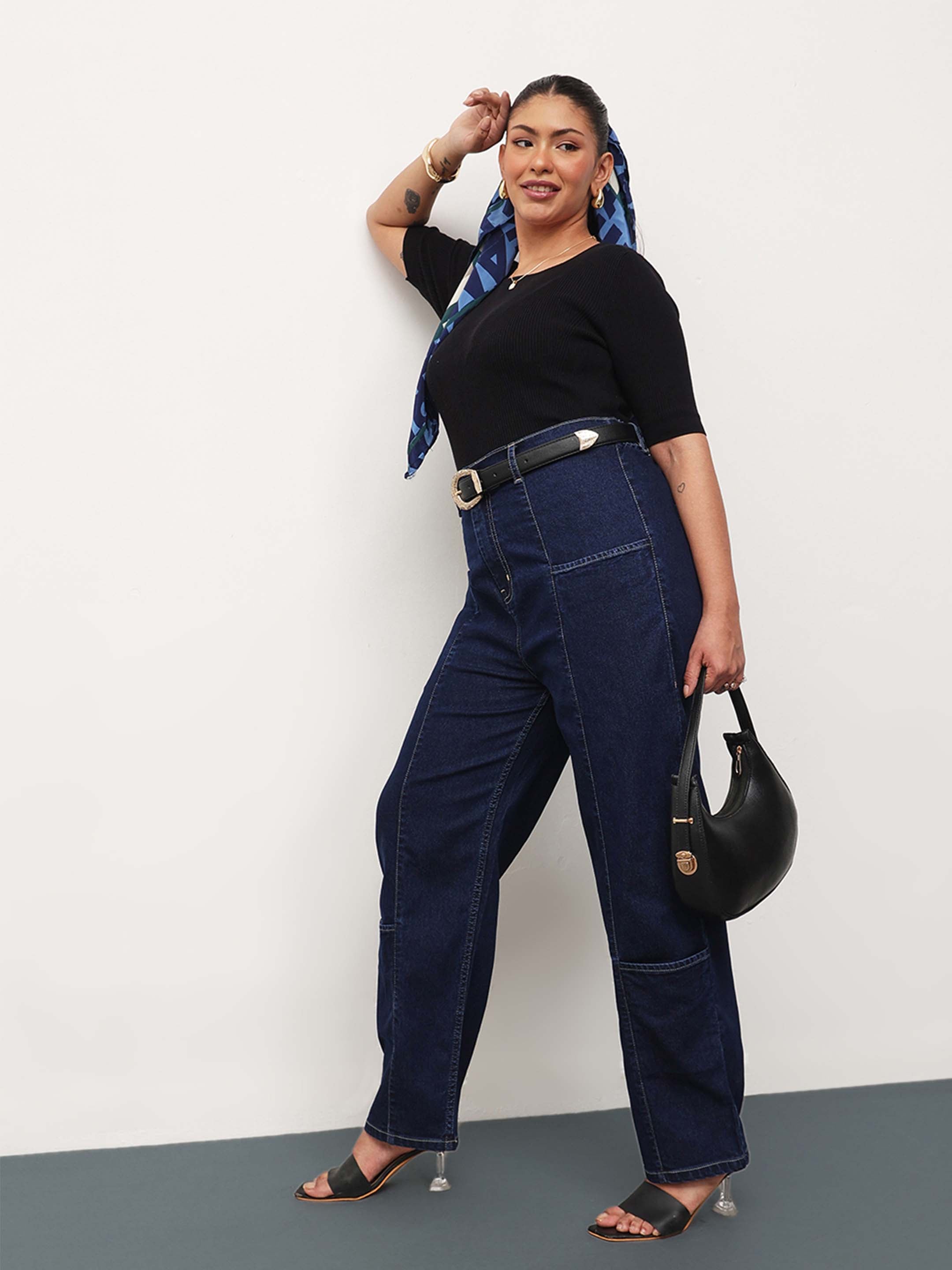 Women Navy Blue Denim Hem Pocket Tapered Fit Jeans