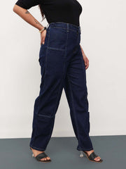 Women Navy Blue Denim Hem Pocket Tapered Fit Jeans