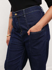Women Navy Blue Denim Hem Pocket Tapered Fit Jeans